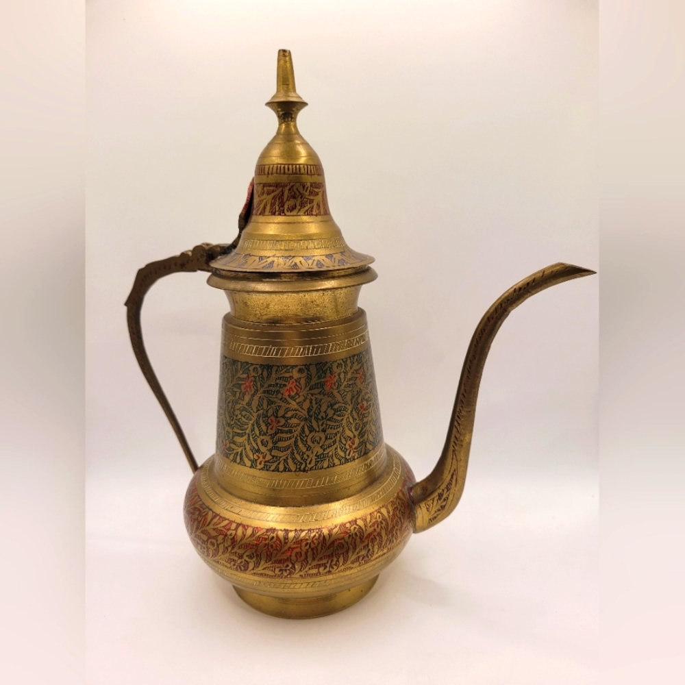 Vintage Solid Brass Handmade Etched Blue Red Teapot